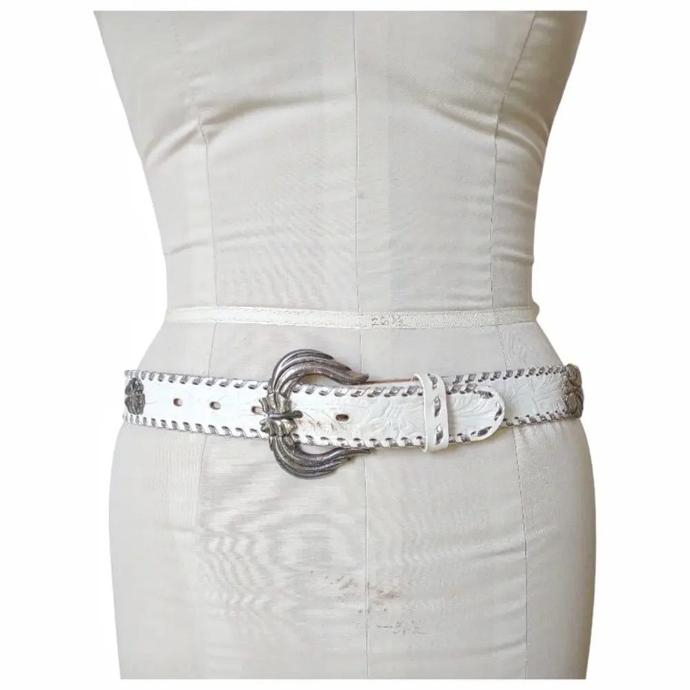 Western Tooled Leather Belt Size L Metallic Silver Braid with Flower Hardware